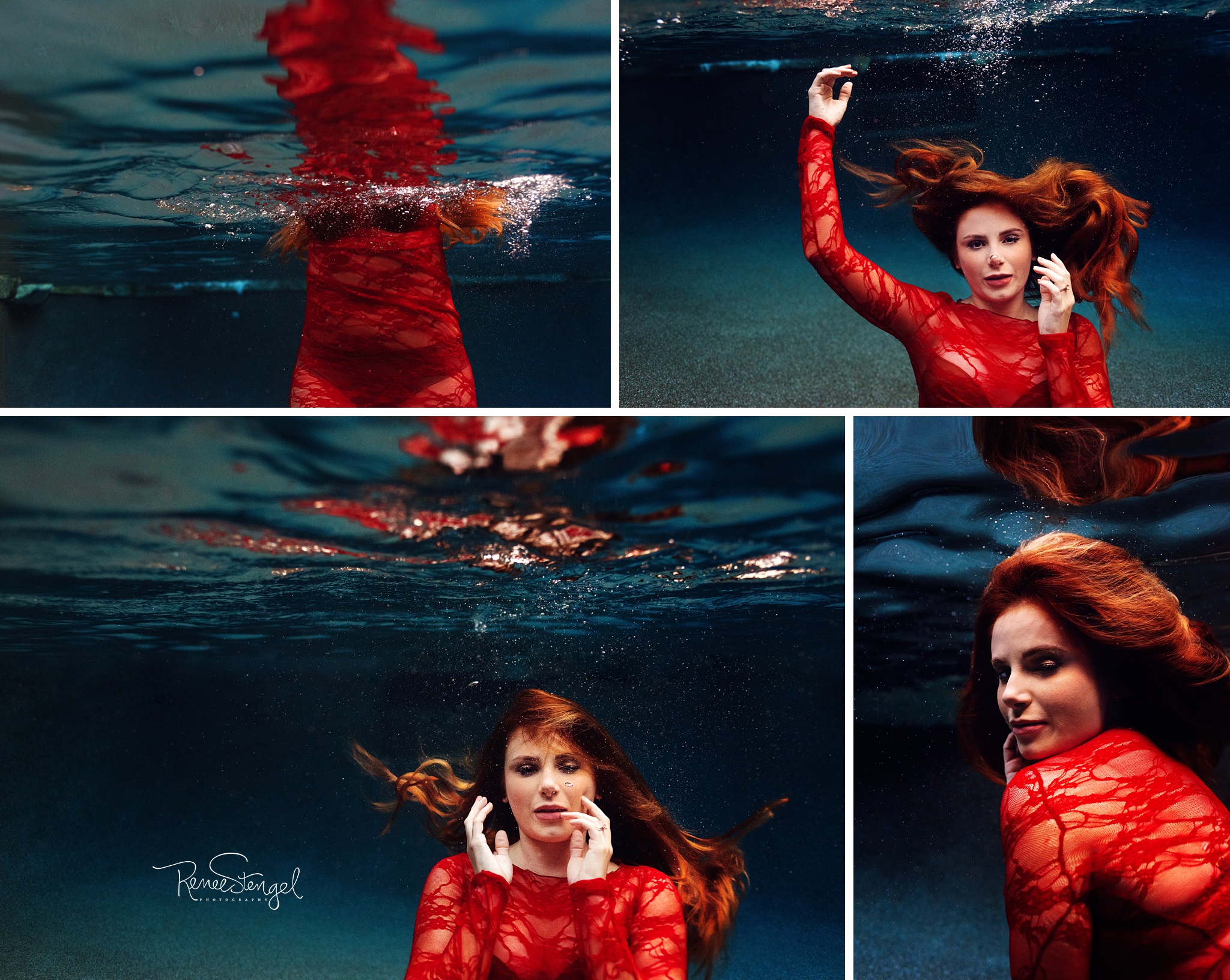 Underwater Dancer in Red Lace Gown