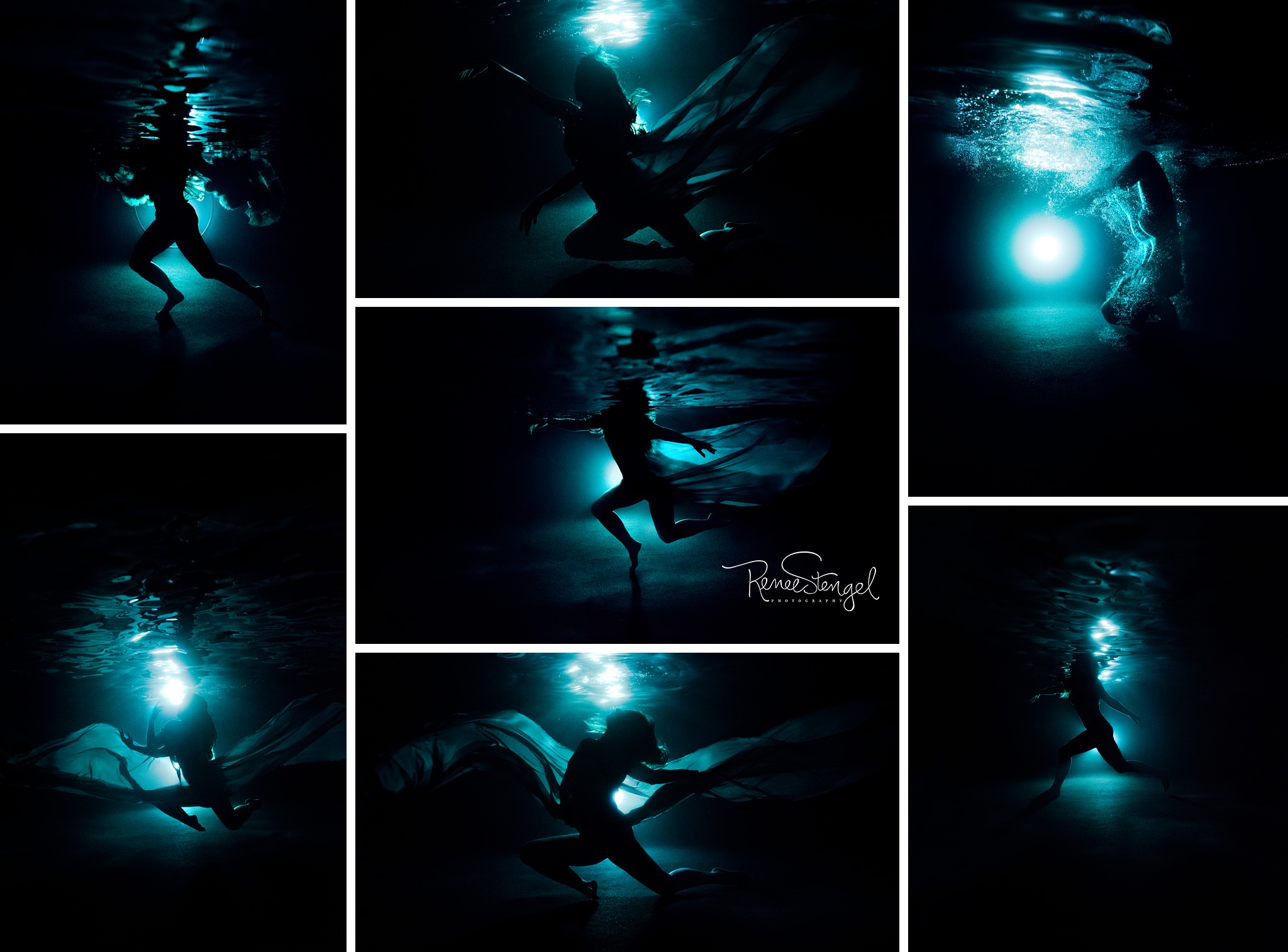 Blue light Backlit Underwater Dancer at night